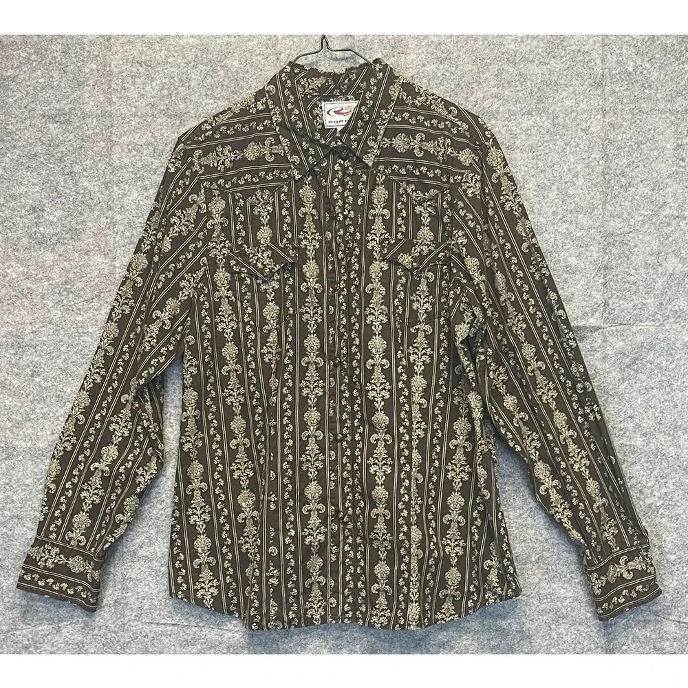 ROPER Western Shirt Men Large Black White Damask Floral Pearl Snap Long Sleeve